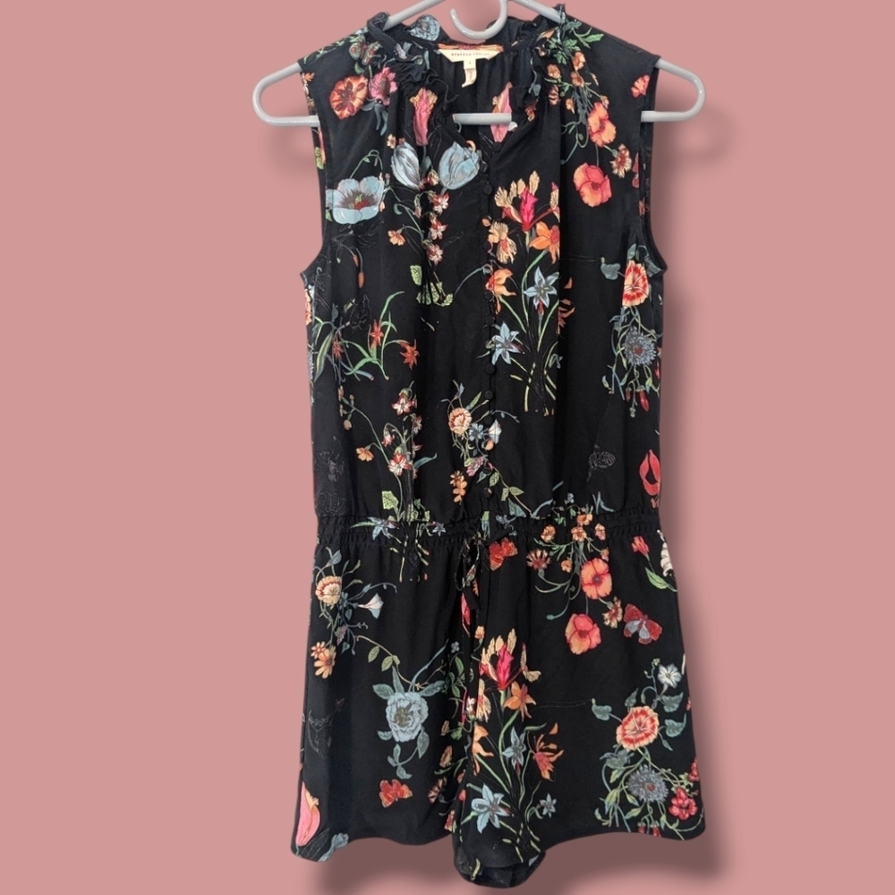 Rebecca Taylor Colorful Floral Butterfly Print Silk Chiffon Sleeveless Romper